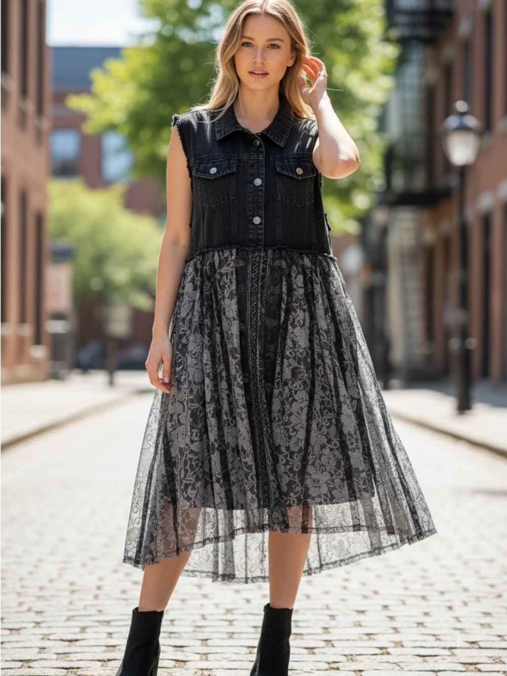 Origami New Sleeveless Black Denim Vest with Black Lace Skirt One Piece